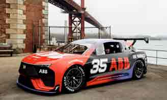 An ABB-NASCAR prototype electric race car is seen at Fort Point in San Francisco by the Golden Gate Bridge on Friday, ahead of the NASCAR weekend at Sonoma Raceway.