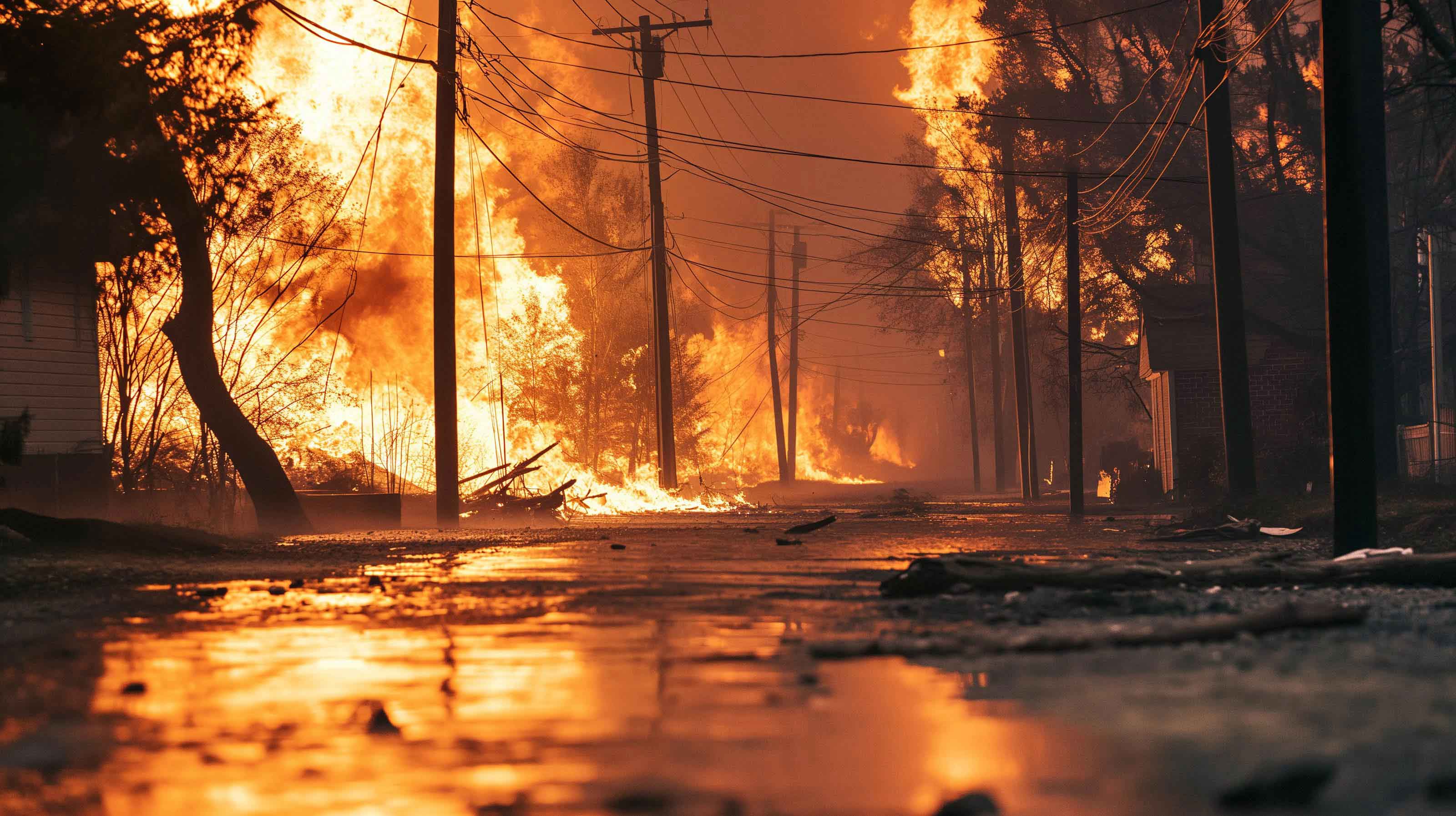 Power lines in wildfire